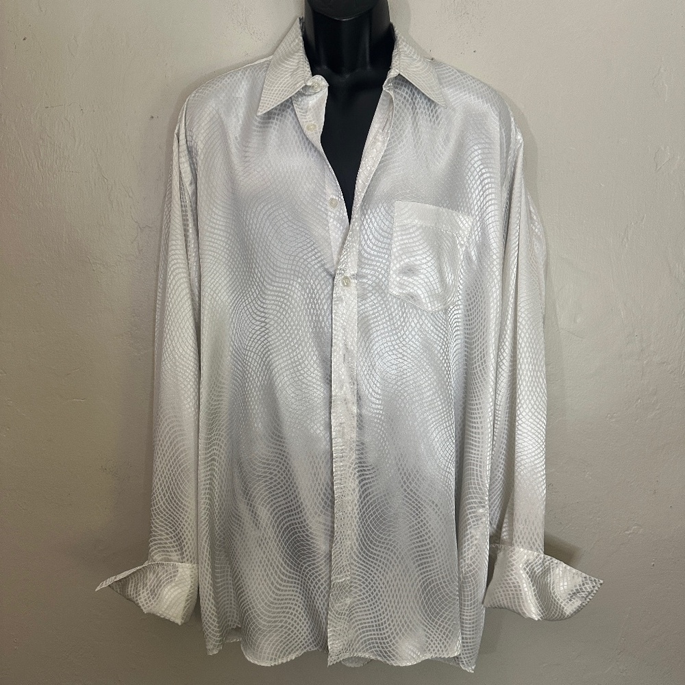 Lucasini Textured Satin French Cuff Shirt 17.5 / 36-37 Gently worn 100% poly